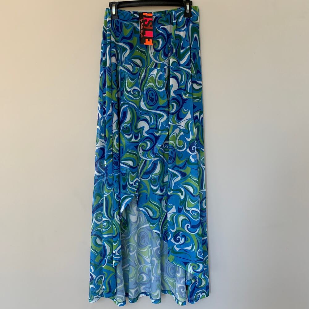 Isle by Melis Kozan maxi skirt watercolor print sheer mesh crossover front Small